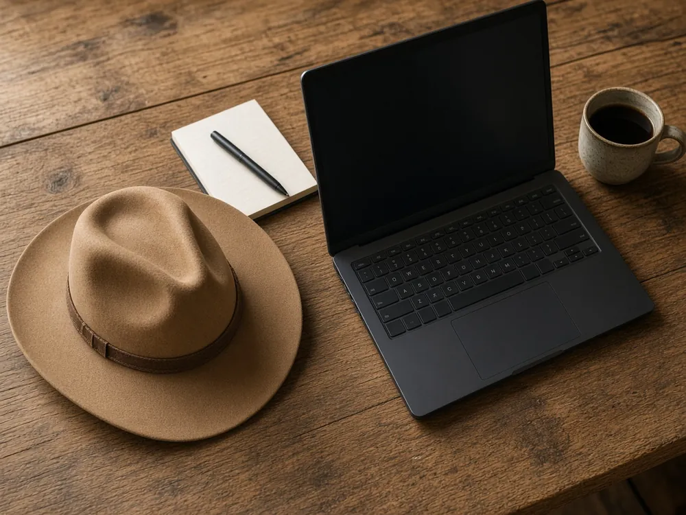 Cowboy hat, laptop and a cup of coffee on a wood table